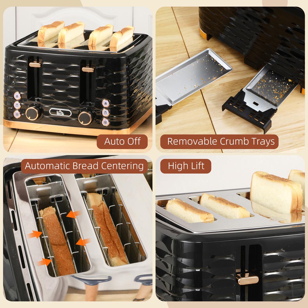 HOMCOM 800-209V70BK Black Ripple 4 Slot Toaster 1600W Image 8