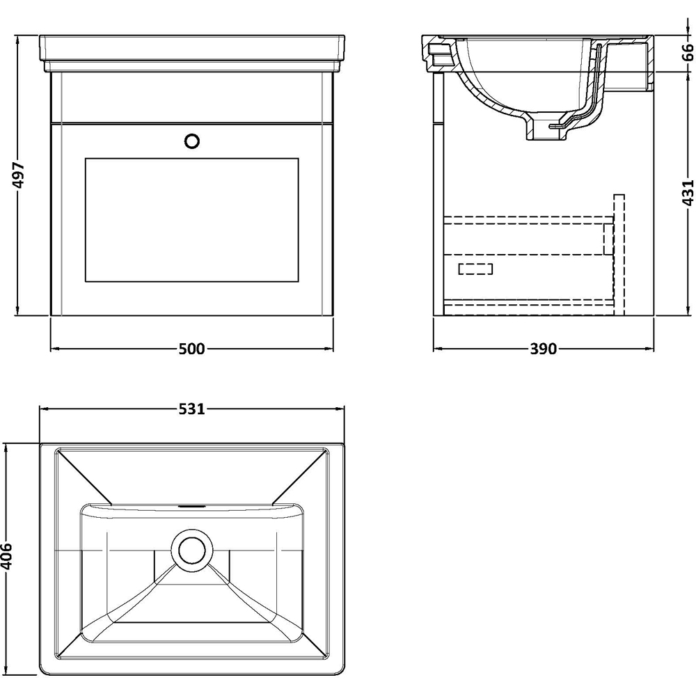 nuie Classique Single Drawer Satin Green Wall Hung Unit and 0 Tap Hole Fireclay Basin 500mm Image 3