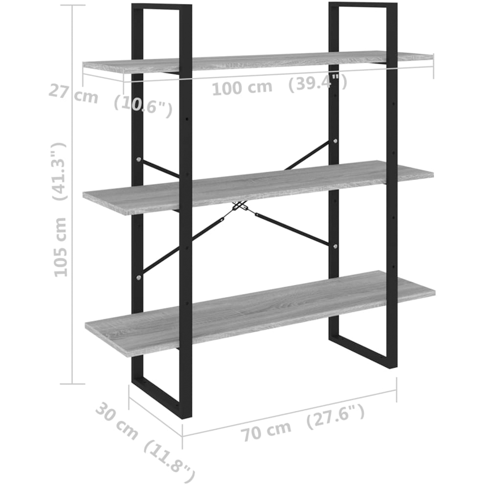 vidaXL 3 Shelf Grey Sonoma Industrial Style Bookcase Image 8