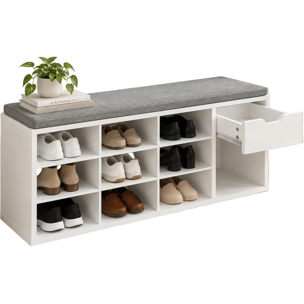 Modcraft Single Drawer 10 Shelf White and Grey Shoe Storage Bench with Cushion Image 2