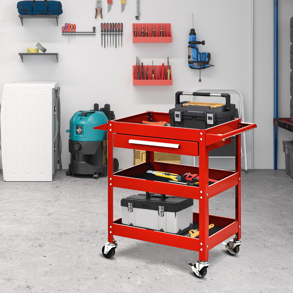 Costway 3 Shelf Single Drawer Red Tool Trolley Image 2