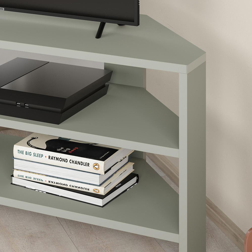 Decortie Thales 2 Shelf Ash Green Corner TV Stand Image 3