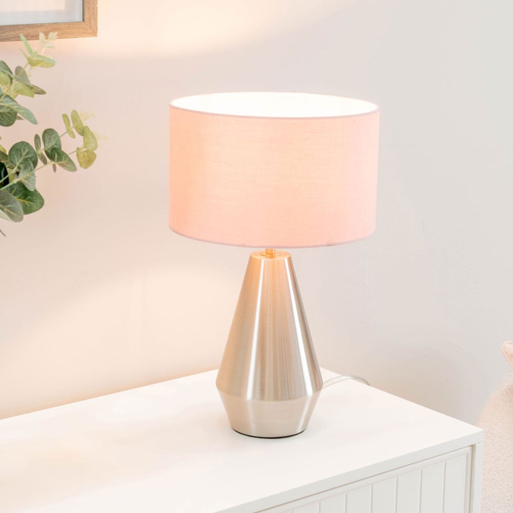 ValueLights Jax Reni Blush Pink and Chrome Drum Shade Touch LED Table Lamp Image 2