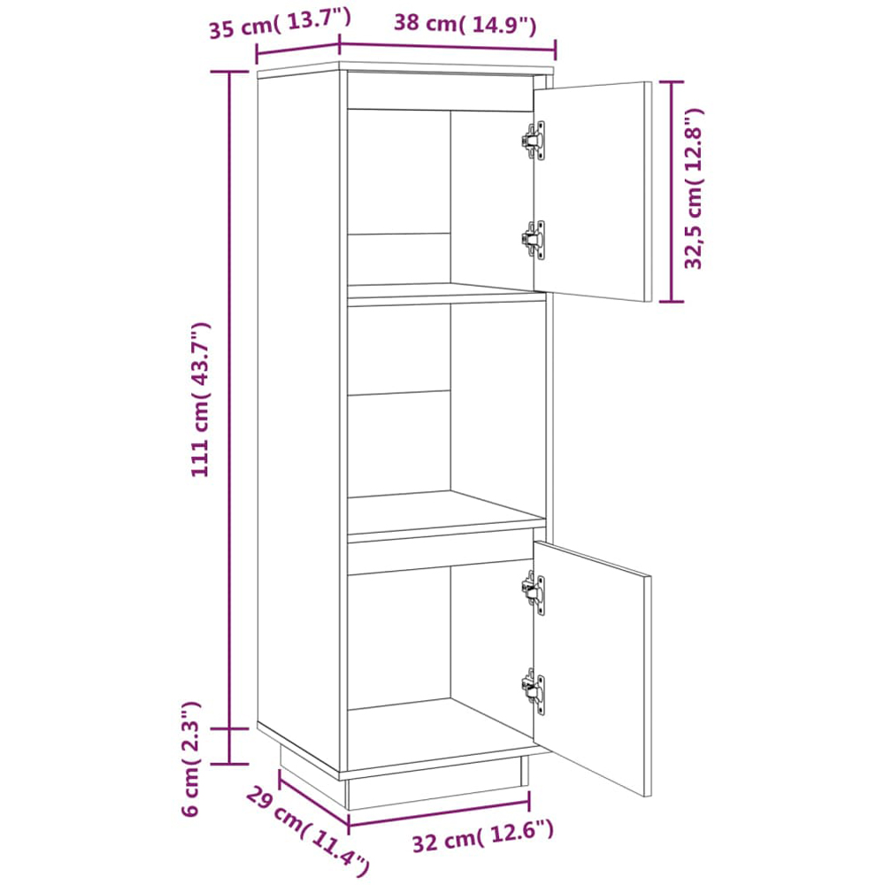 vidaXL 2 Door Single Shelf Honey Brown Pine Wood Highboard Image 6