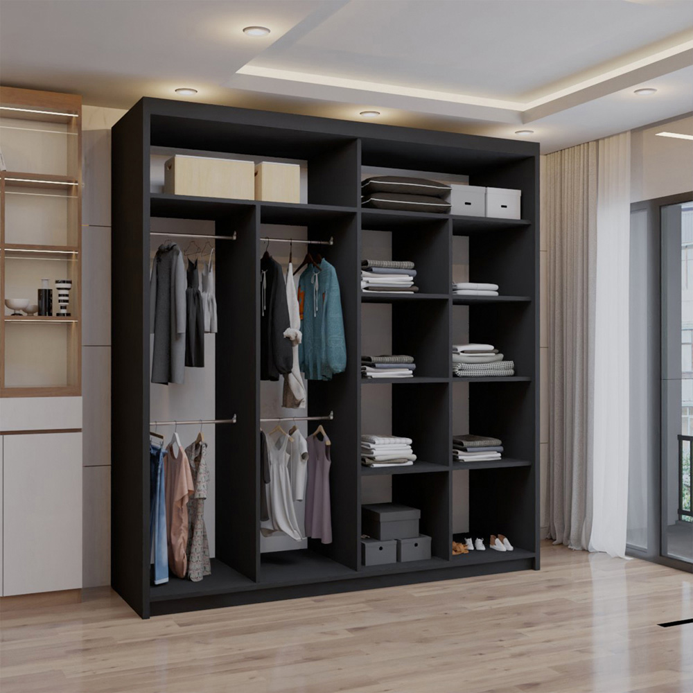 Double Mirror Sliding Door Wardrobe with Adjustable Shelves and Hanging Rails - Black 203cm Image 2
