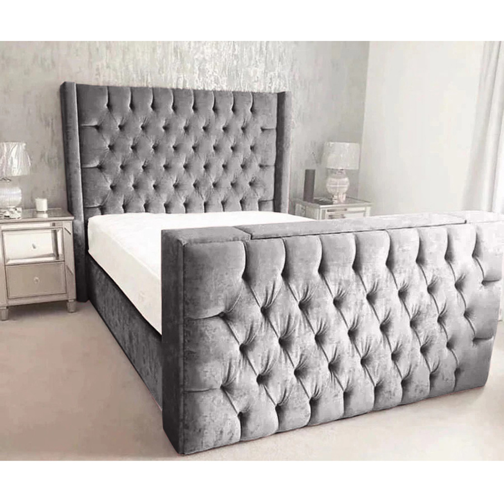 Eleganza Home Lokie Super King Size Silver Plush TV Bed Frame with Headboard and Footboard Image 2