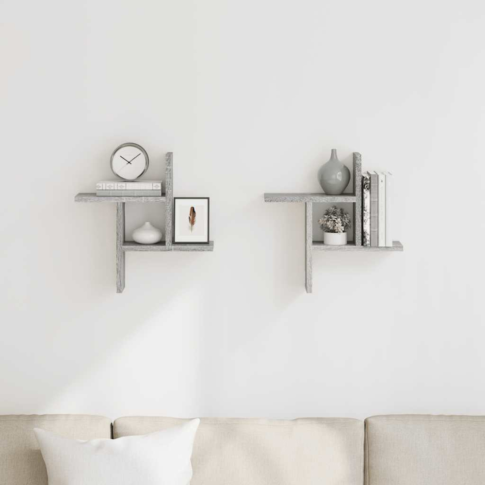 vidaXL Set of 2 3 Shelf Grey Sonoma Floating Wall Shelf Image 2