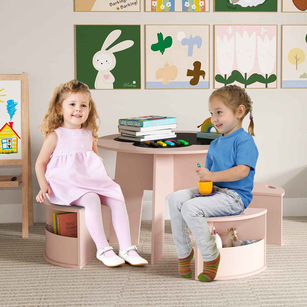Costway 4 Seater Pink Kids Table Set with Writable Blackboard Desktop Image 3