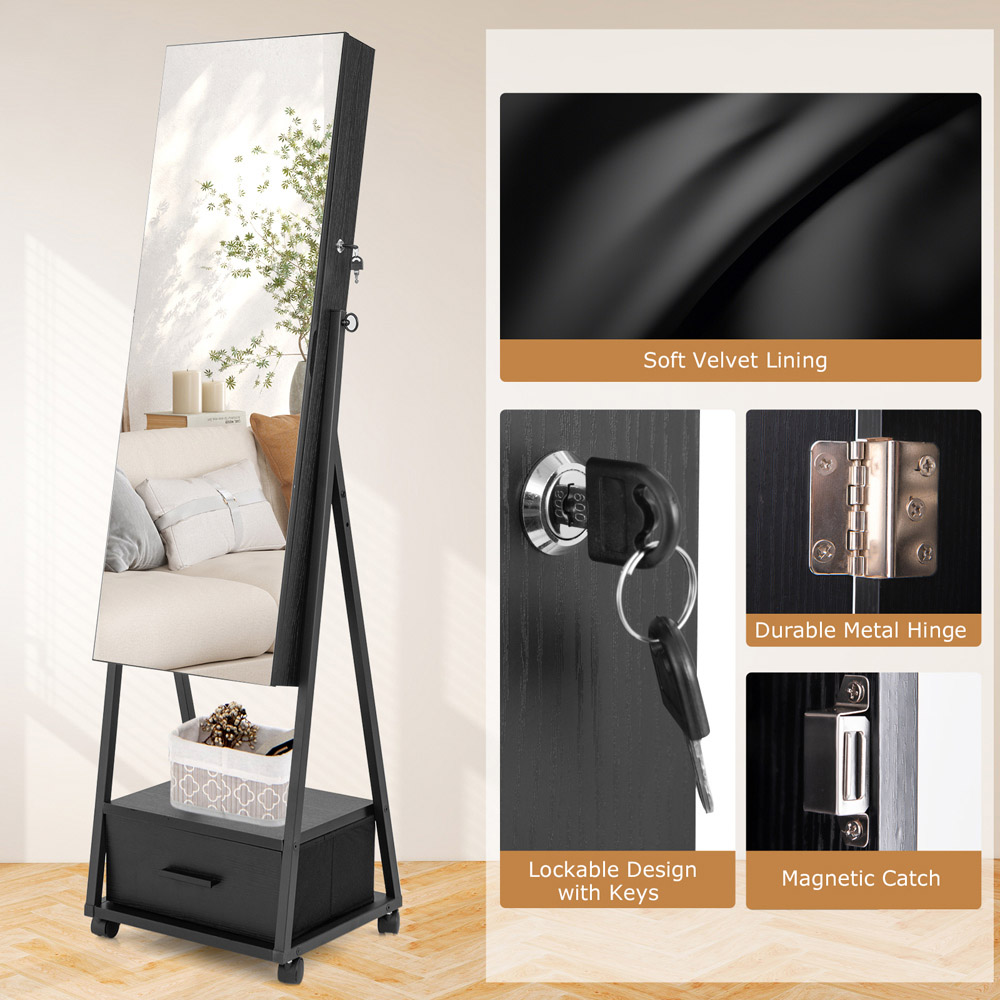 Costway Black Mobile Standing Lockable Jewellery Cabinet with Full Length Mirror Image 4