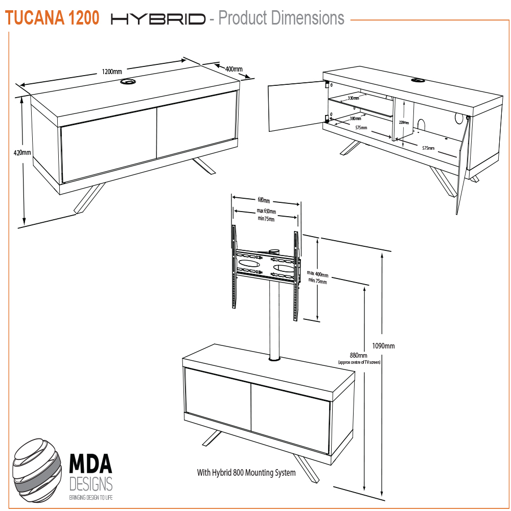 MDA Designs Tucana 1200 Hybrid 2 Door Black and Walnut Complete TV Cabinet Image 8