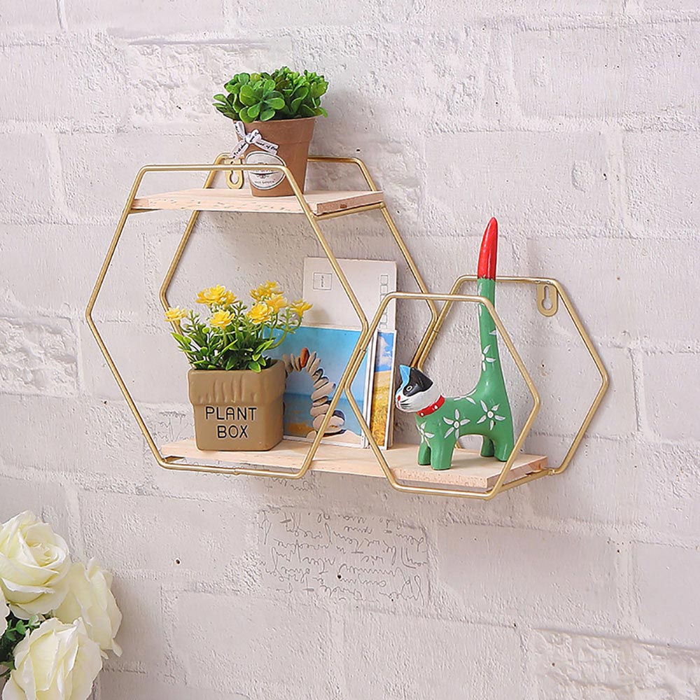 Living and Home 2 Tier Gold Framed Wall Hanging Floating Hexagonal Wall Shelf Image 5