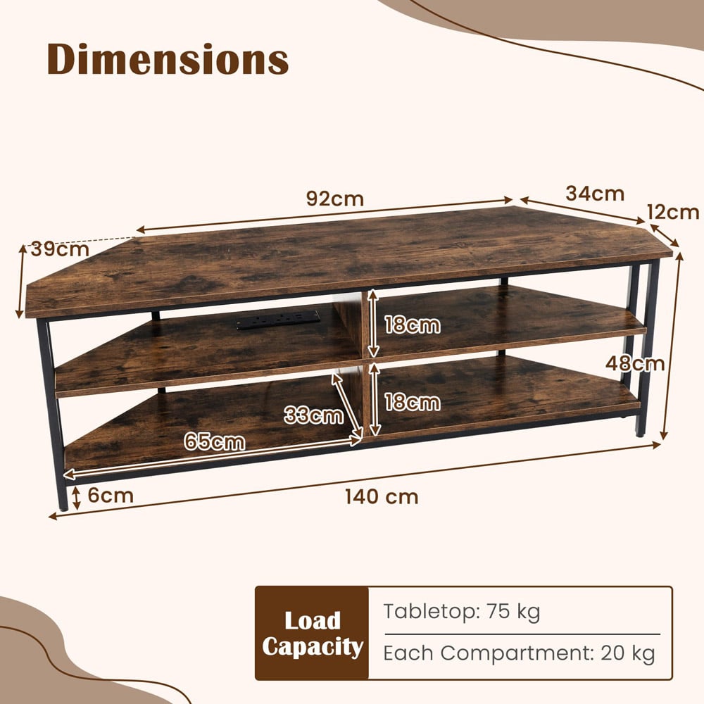 Costway 4 Shelf Brown Corner TV Unit with AC Outlet Image 9