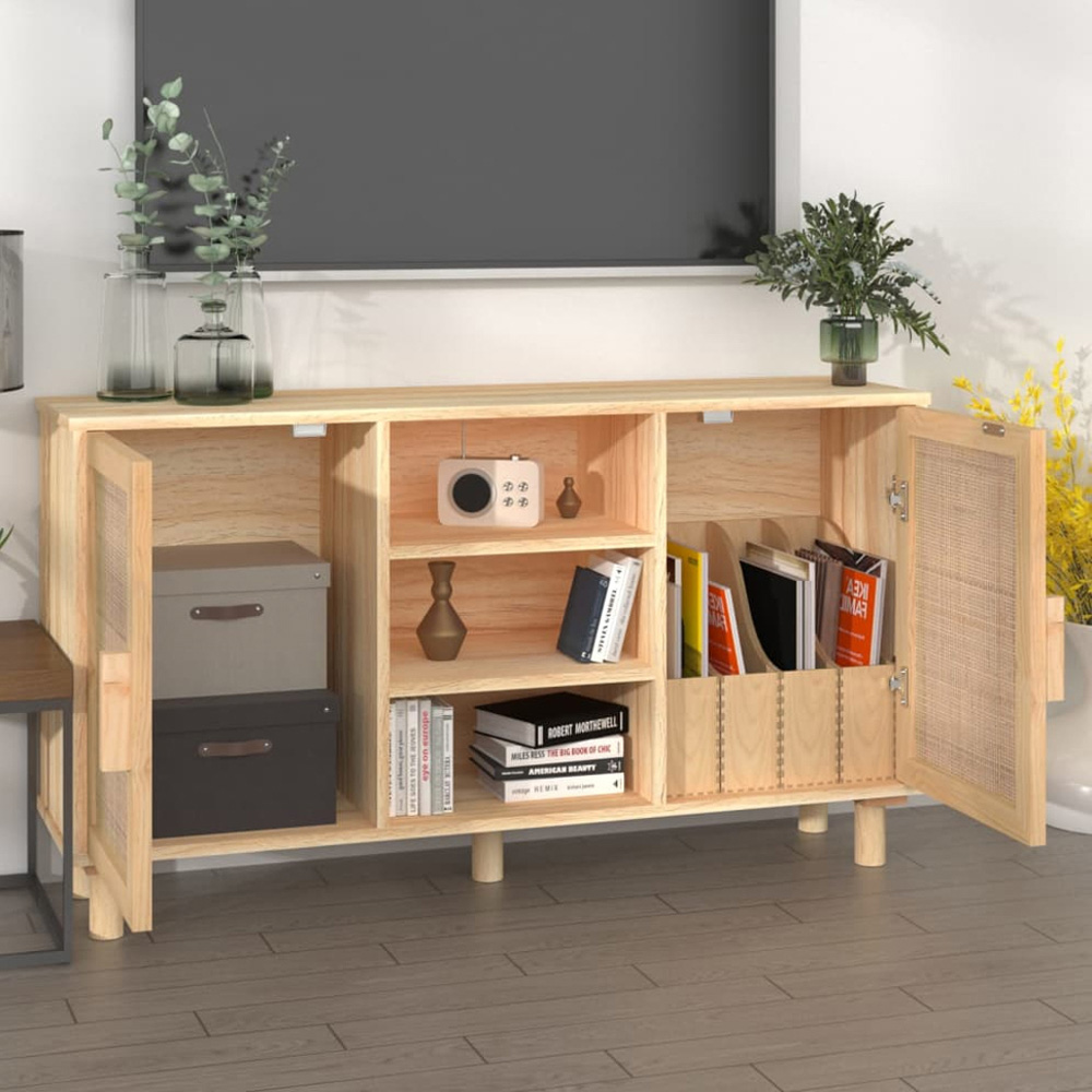 vidaXL 2 Door 3 Open Shelf Solid Wood Pine and Natural Rattan Sideboard Image 1