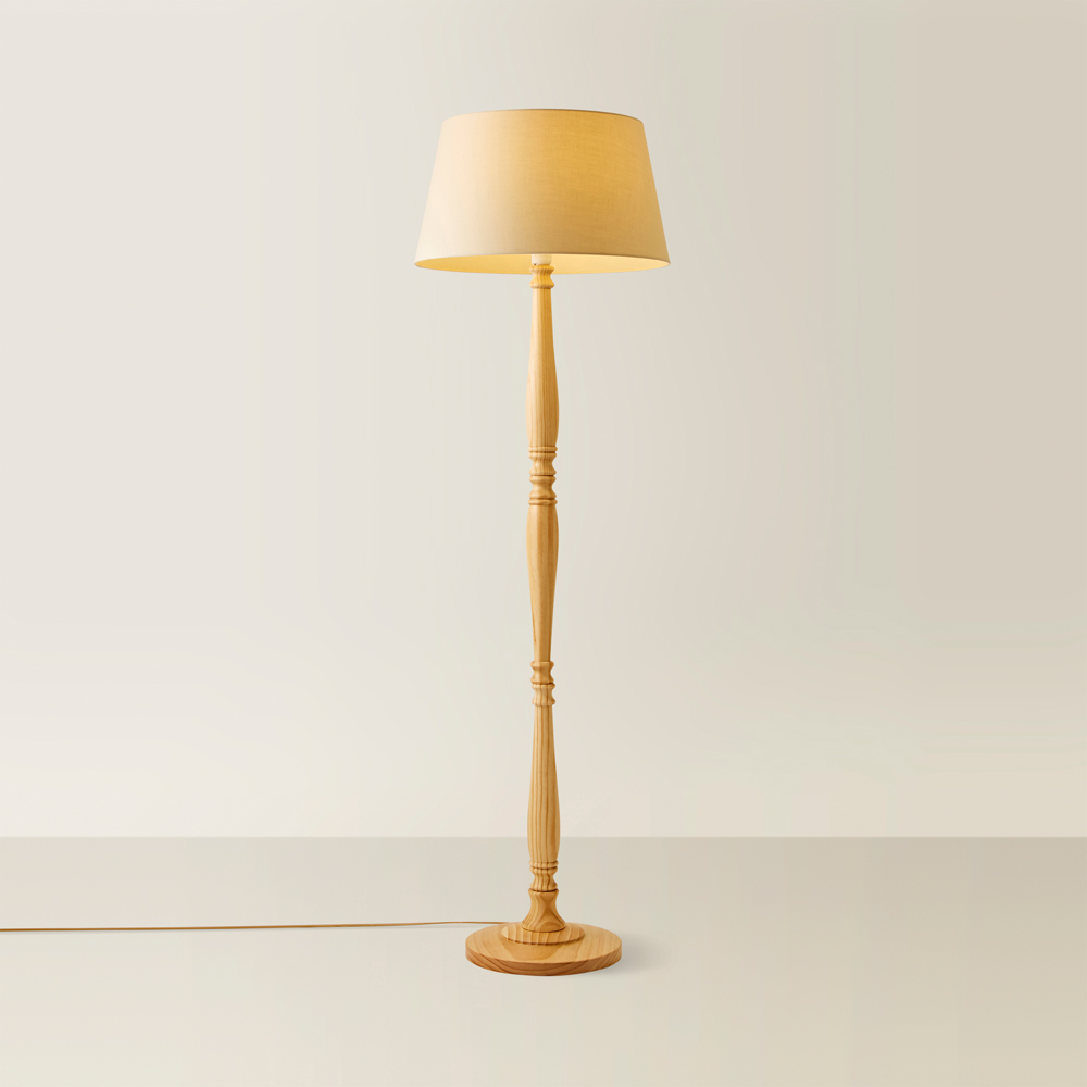 ValueLights Victoria Beige Fabric Tapered Shade Light Wood Traditional Stem LED Floor Lamp Image 3