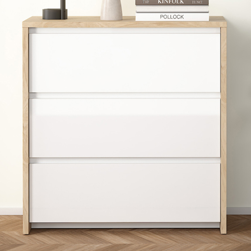 Florence Next 3 Drawer Jackson Hickory White High Gloss Chest of Drawers Image 1