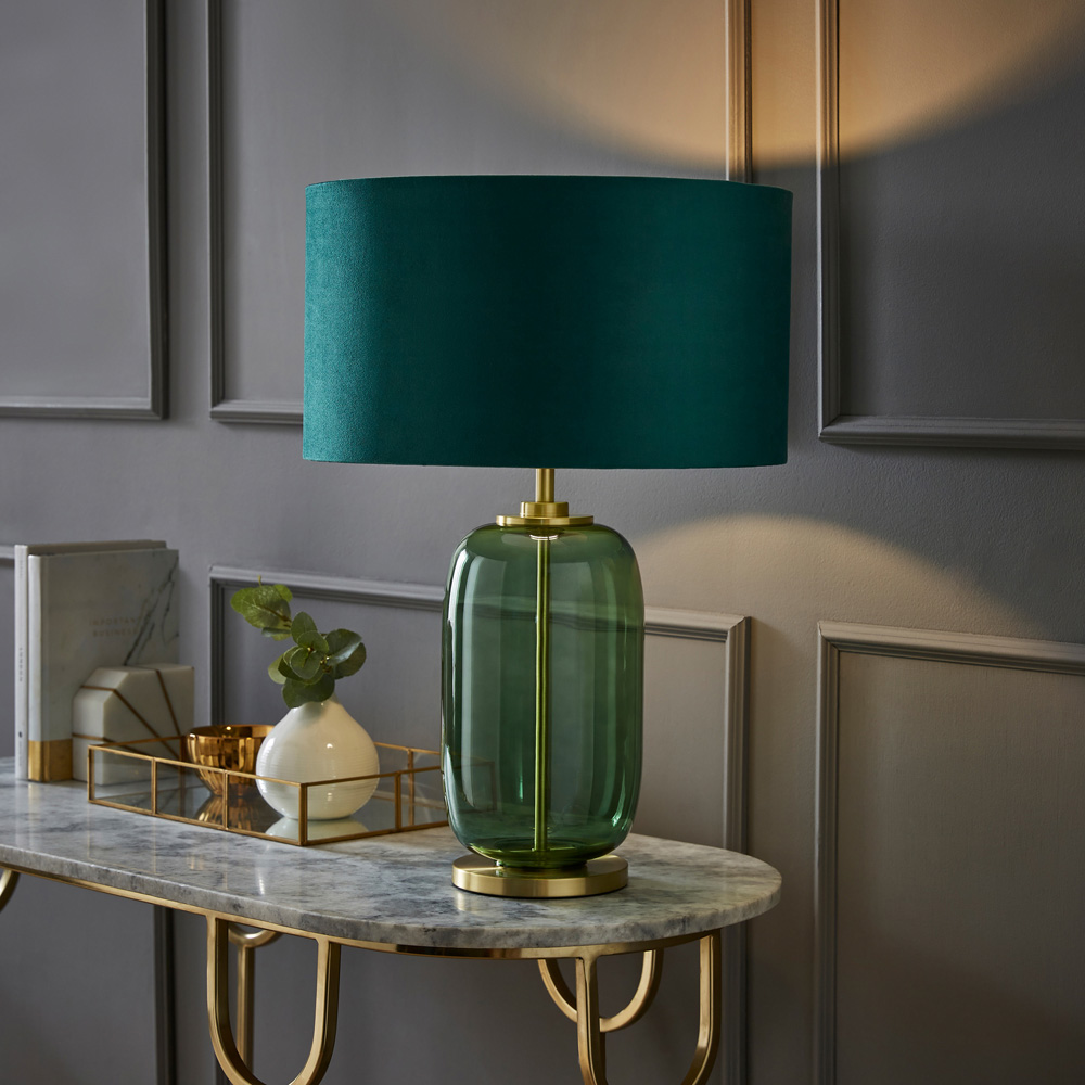 ValueLights Leigh Reni Green Velvet Shade Forest Green Glass LED Table Lamp Image 2