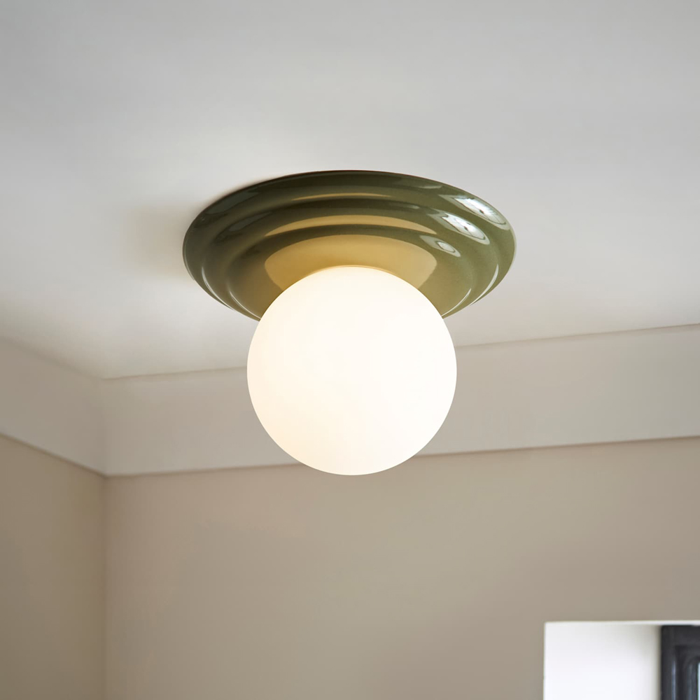 ValueLights Rue Frosted Glass Shade Olive Ribbed Ceramic Base Flush Ceiling Light with Bulb Image 6