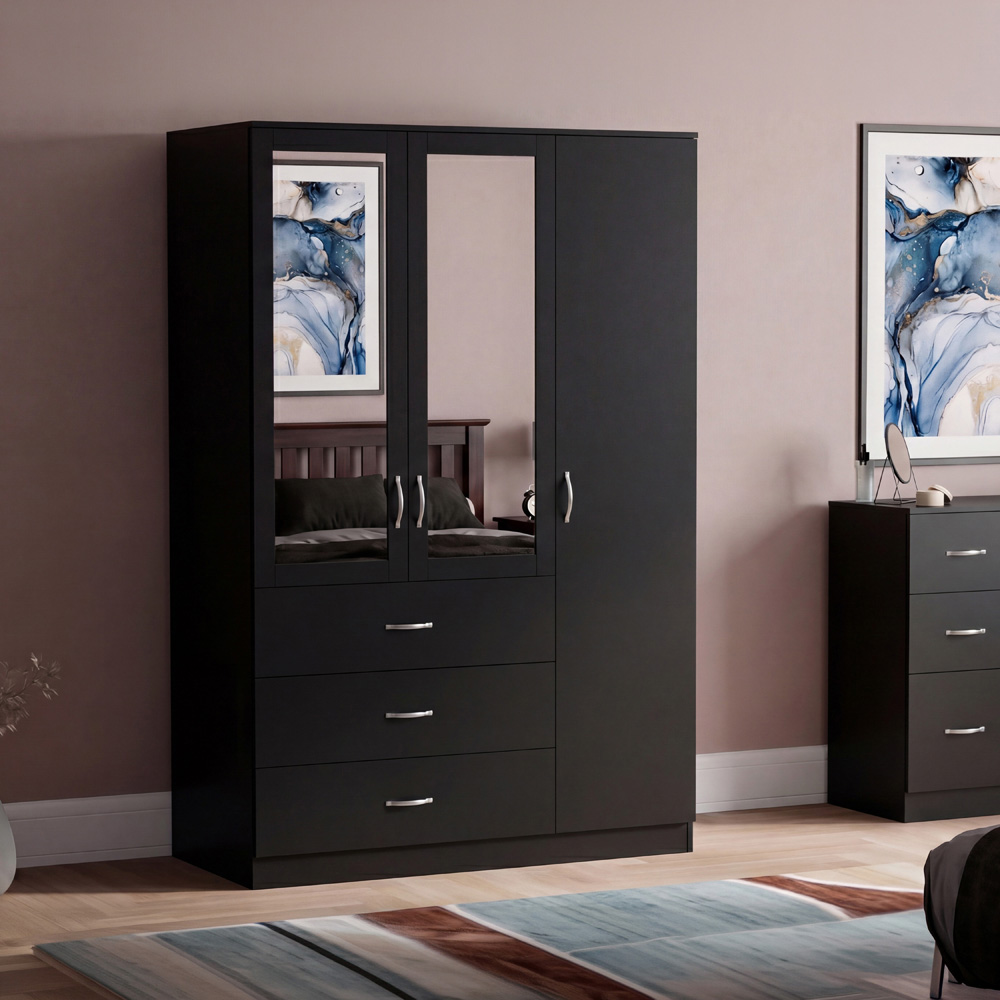 VIDA DESIGNS Riano 3 Door 3 Drawer Black Mirrored Wardrobe Image 5