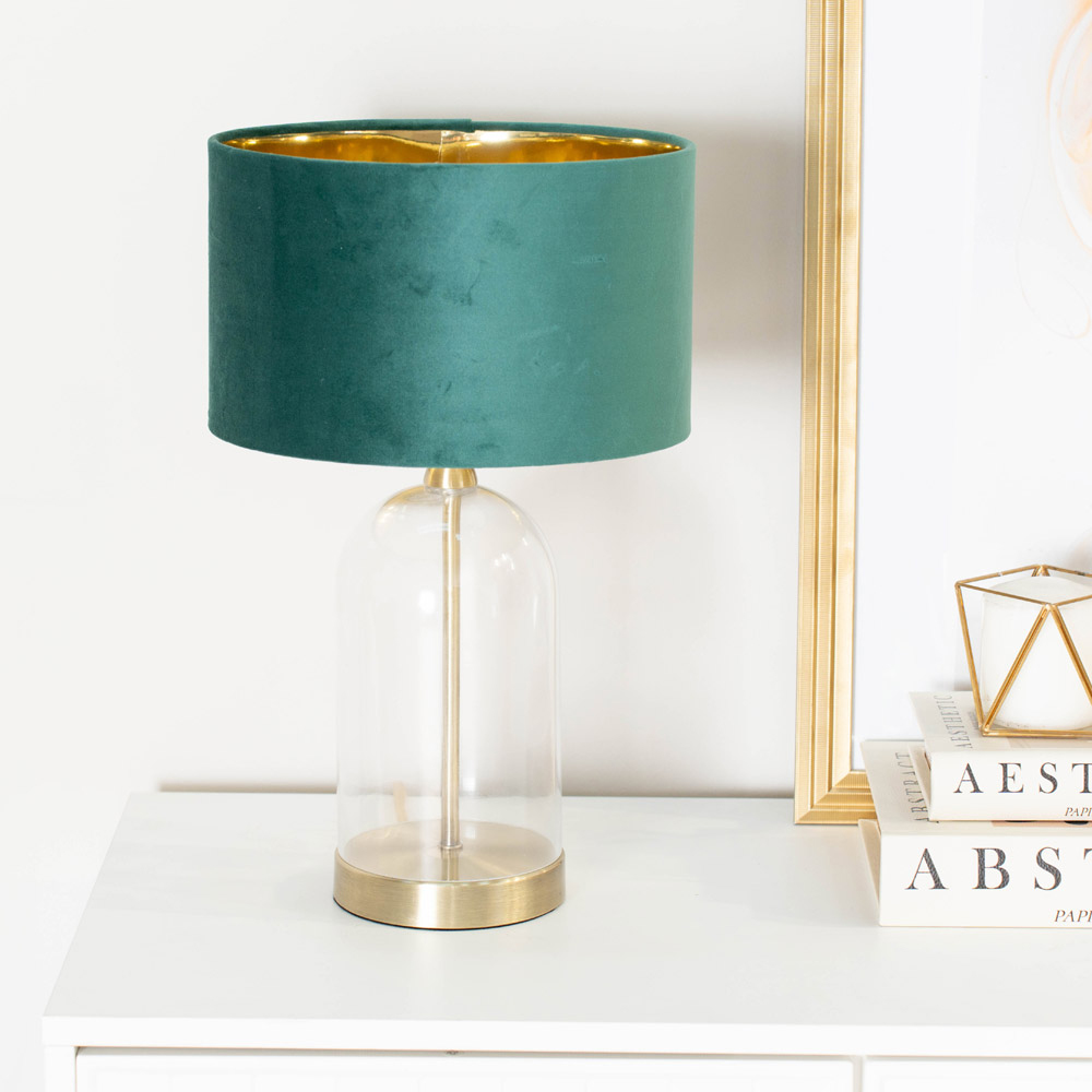 ValueLights Jessy Gold Glass LED Table Lamp with Forest Green and Gold Velvet Lamp Shade Image 2