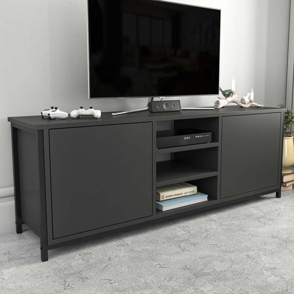 Decorotika Otis 2 Door 3 Shelf Black and Anthracite TV Stand for 63 inch TV Image 1