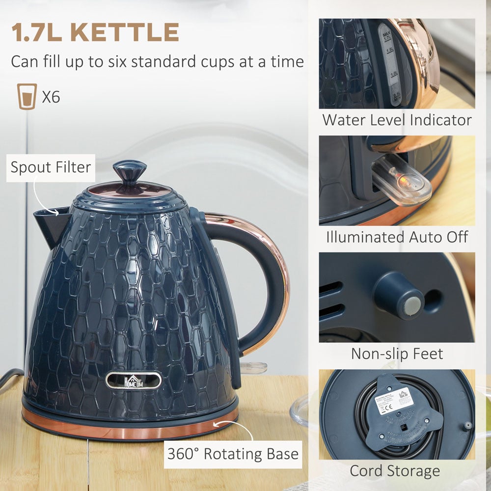 HOMCOM 800-181V70BU Blue 1.7L Kettle and 2 Slice Toaster Set Image 8