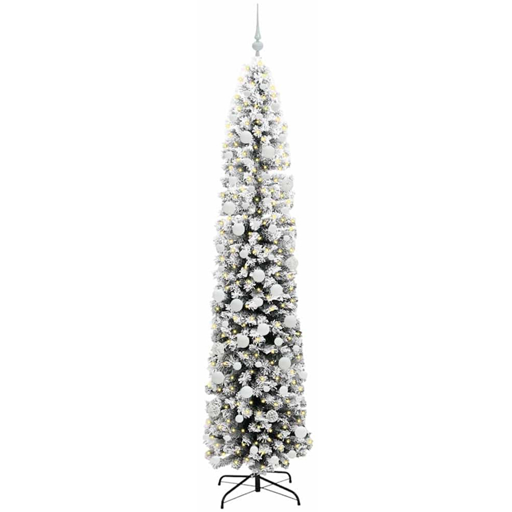 vidaXL 300 LED Pre-Lit White Baubles Green Artificial Snow Flocked Christmas Tree 7ft Image 1