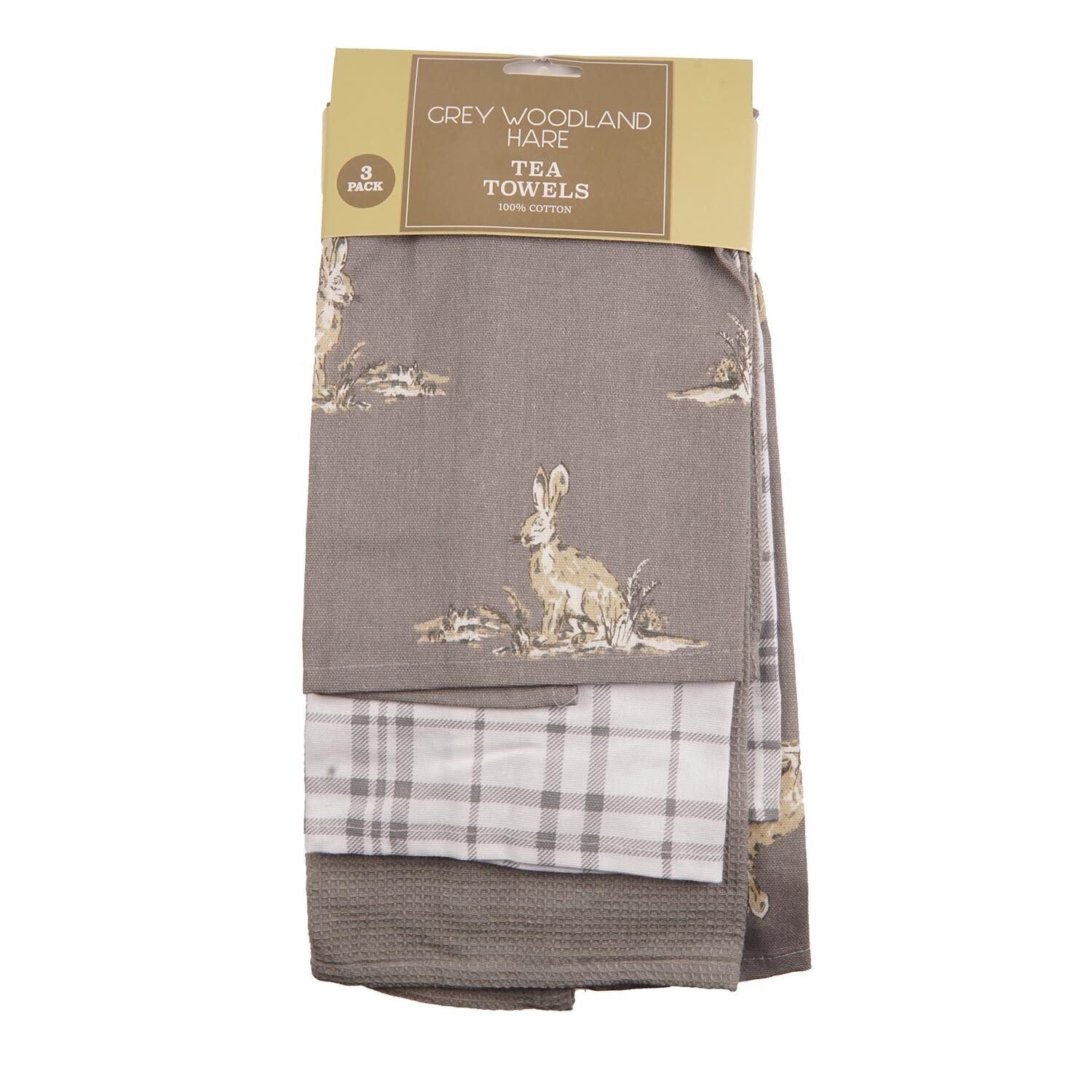 Grey Woodland Hare Tea Towel 3 Pack Image