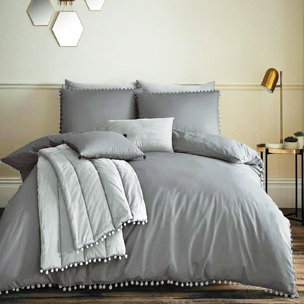 Smart Living Super King Size Charcoal Pom Pom Duvet Cover Set Image 1