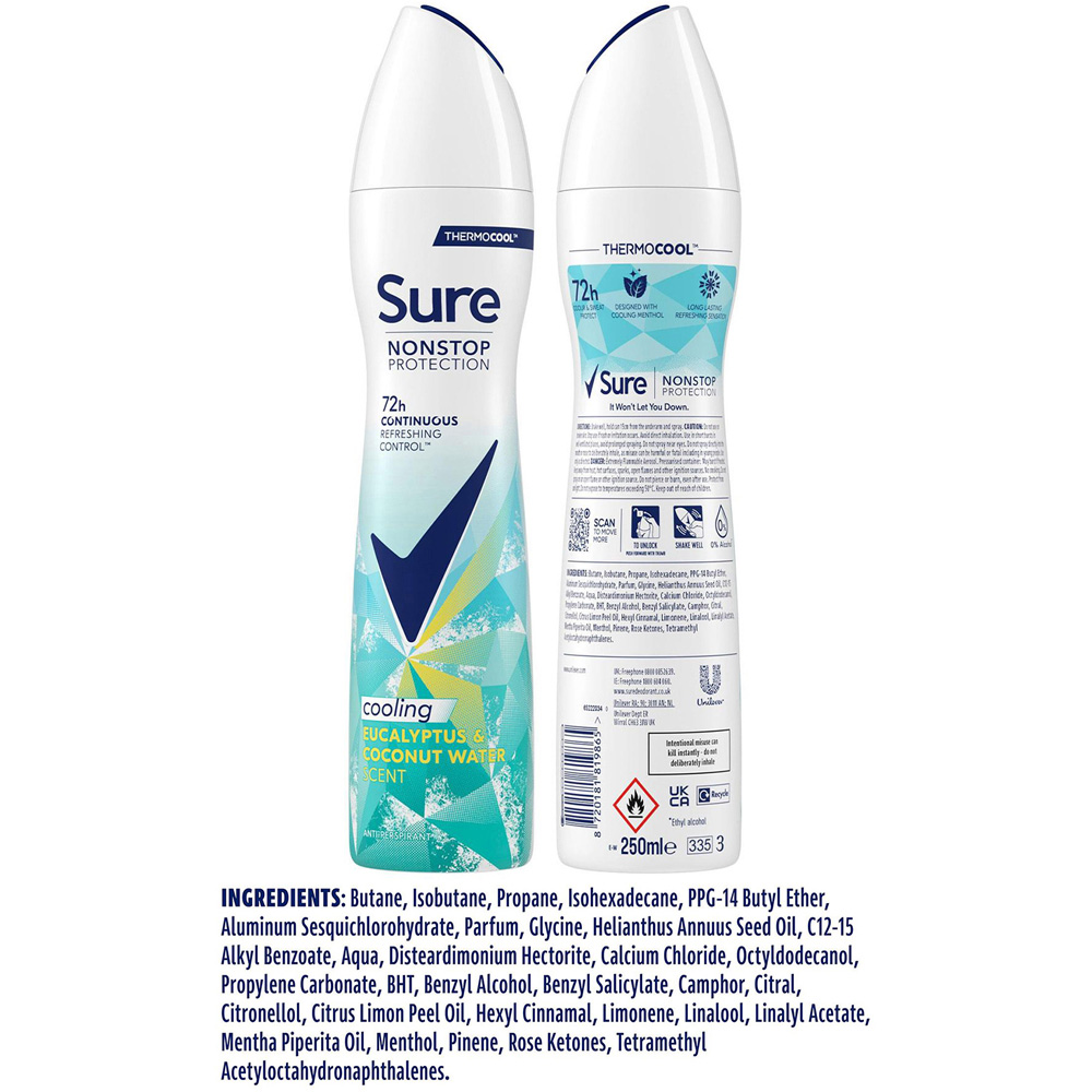 Sure Women Nonstop Protection Eucalyptus and Coconut Antiperspirant Deo 250ml 6 Pack Image 6