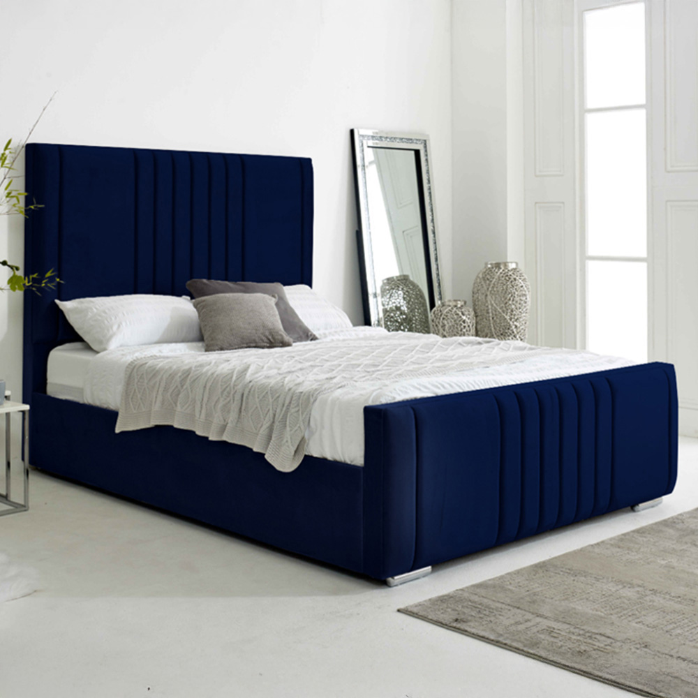 Eleganza Home Willard Single Blue Plush Velvet Bed Frame with Headboard Image 1