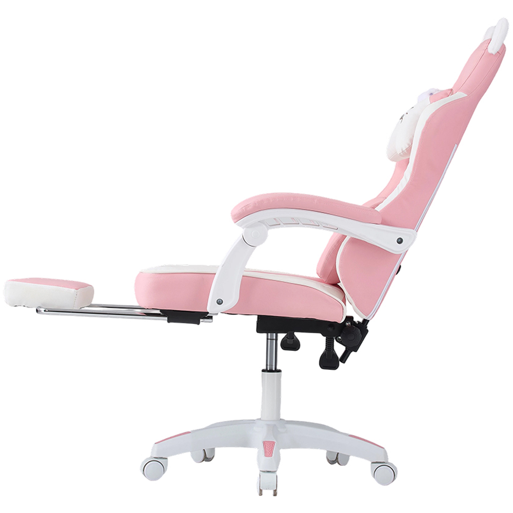 Living and Home White and Pink Cat Ear Design Gaming Chair with Massage Lumbar Pillow Image 3