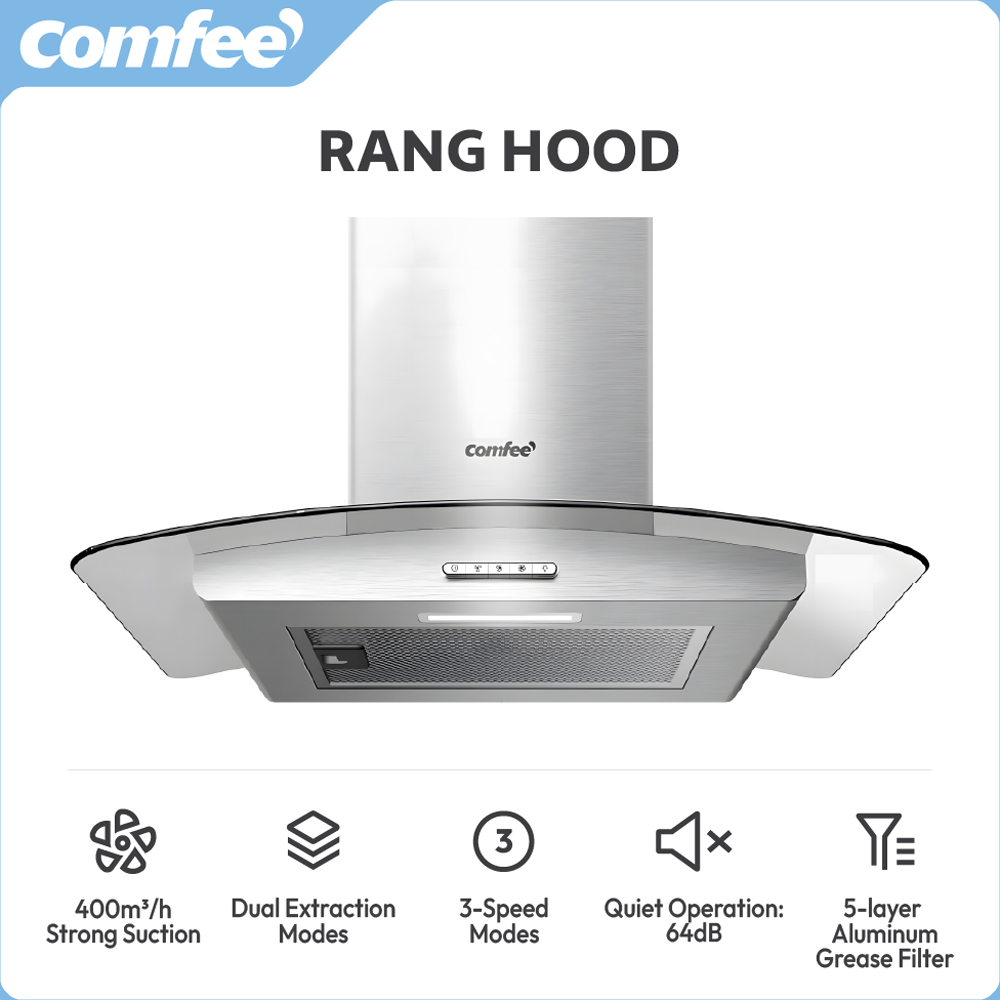 Comfee Stainless Steel Silver 60cm 3 Speed Wall Mounted Glass Cooker Hood Image 6