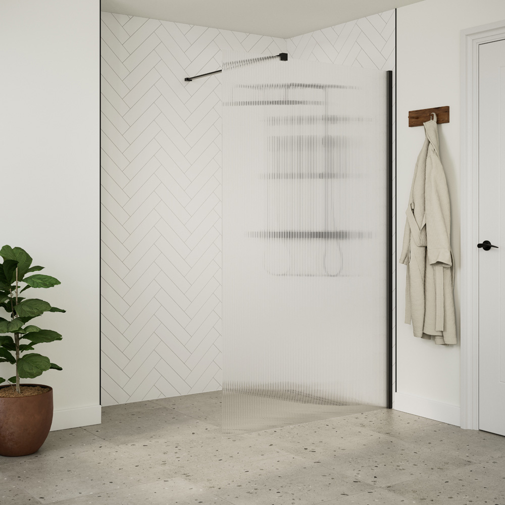 Bathstore Nero Fluted Glass Wetroom Shower Panel with Matt Black Profile and Front Arm 1000mm Image 2