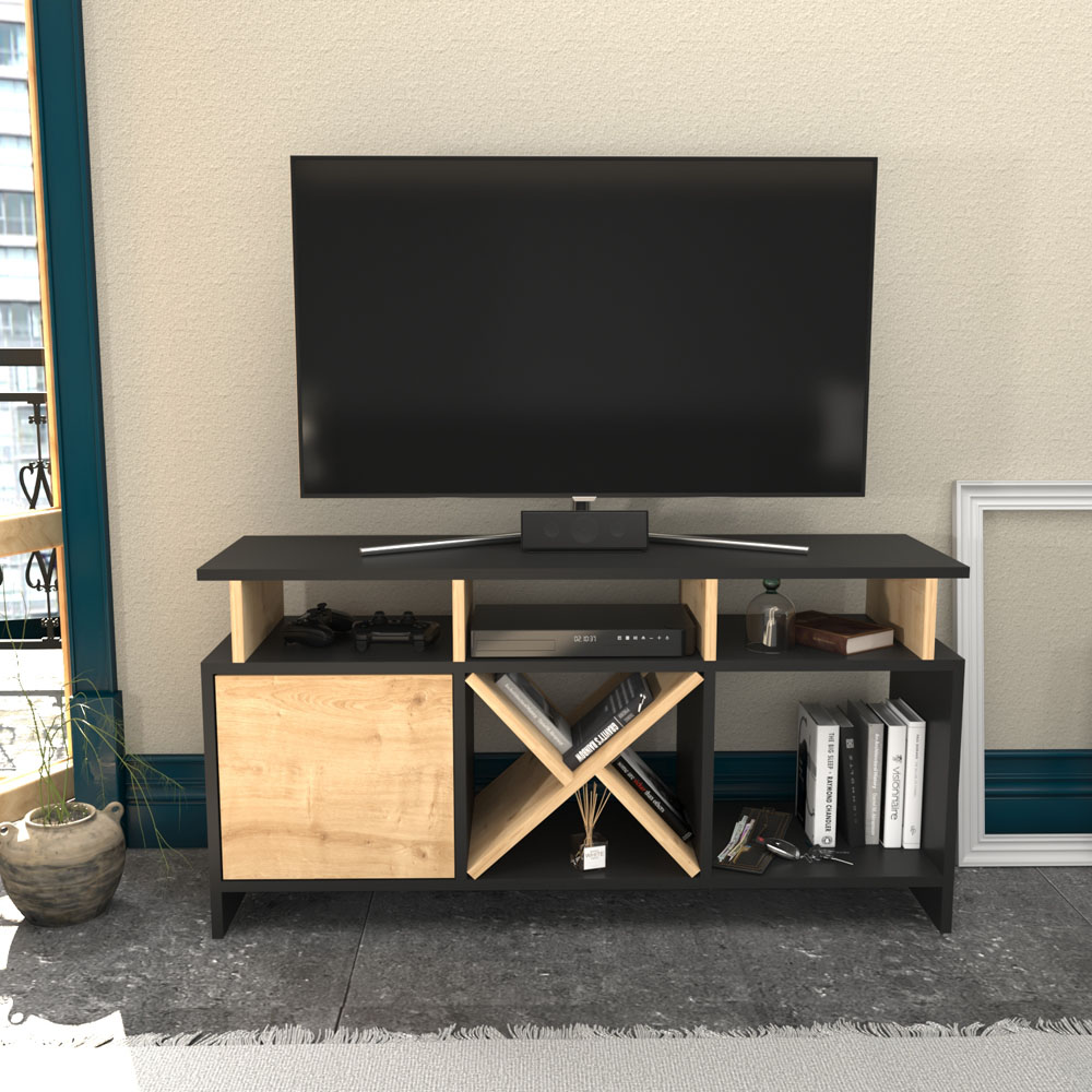 Decorotika Aurburn Single Door 8 Shelf Anthracite and Sapphire Oak TV Unit Image 4