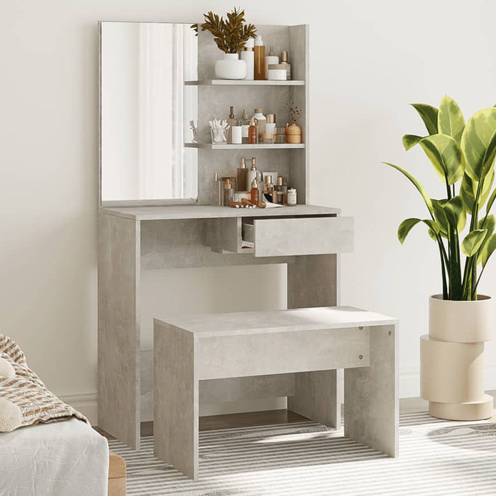 vidaXL Single Drawer 2 Shelf Concrete Grey Dressing Table and Stool Set with Mirror Image 1