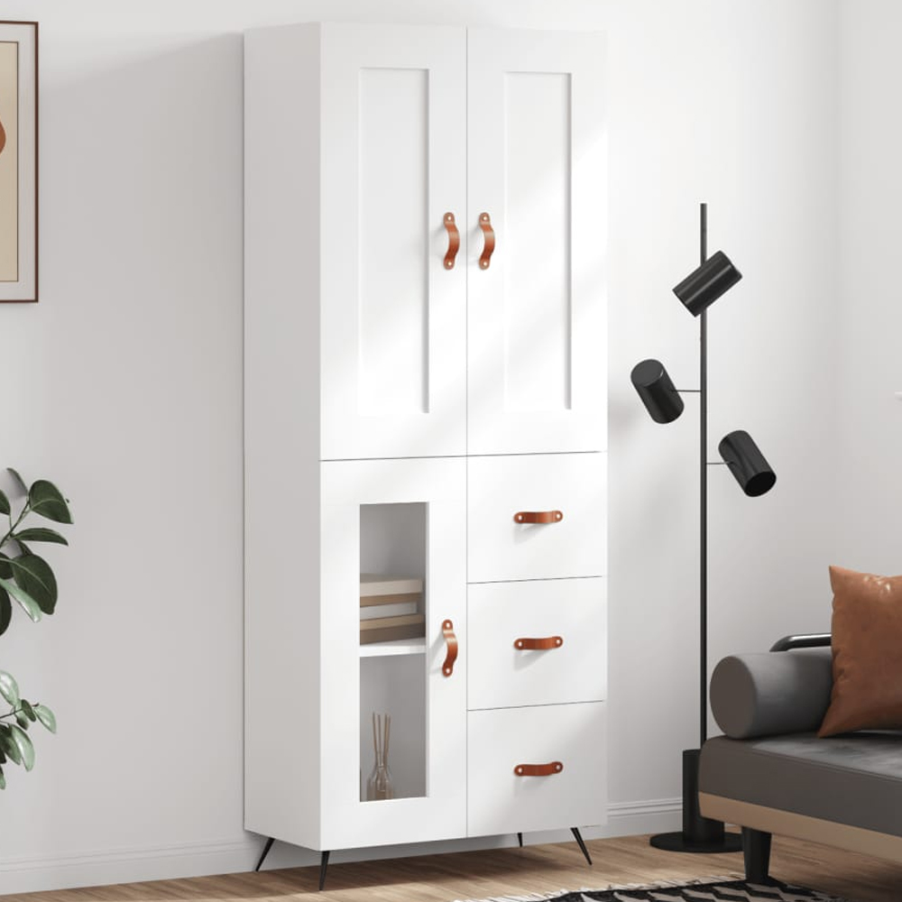 vidaXL 3 Door 3 Drawer White Highboard with Faux Leather Handles Image