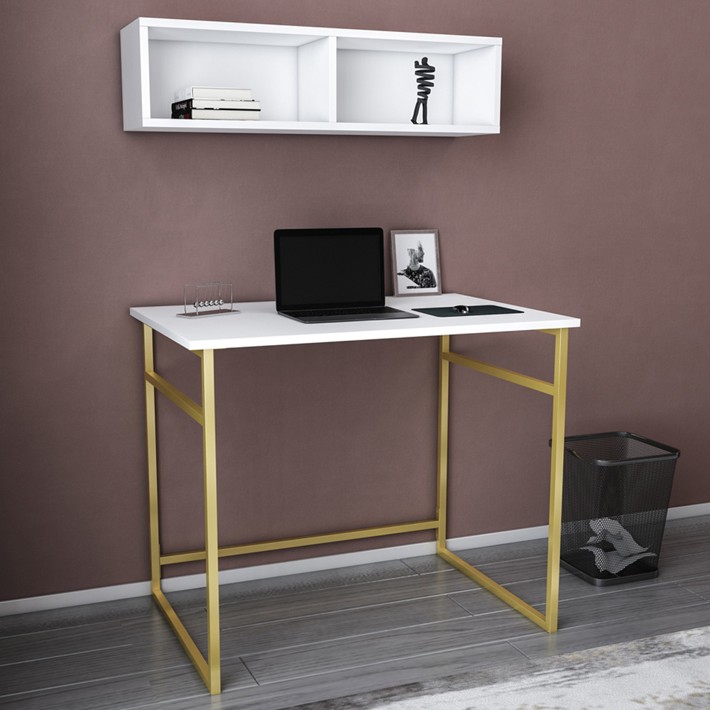 Decorotika Hussum Computer Desk with 2 Section Wall Shelf Gold and White Image 1