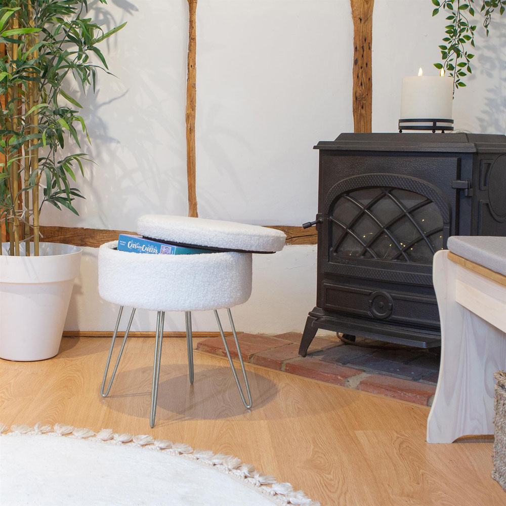 Harbour Housewares Cream and Silver Boucle Round Footstool with Storage Image 7