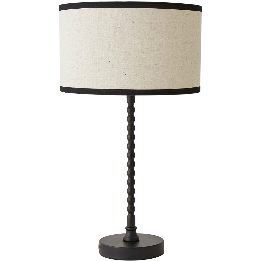ValueLights Maeve Natural Linen Black Trim Drum Shade Bobbin Table Lamp and Bulb Image 1