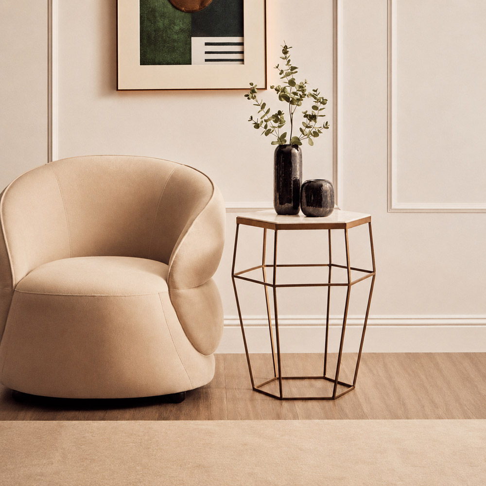 Premier Housewares Shalimar Gold Finish Hexagonal Side Table with Marble Top Image 3