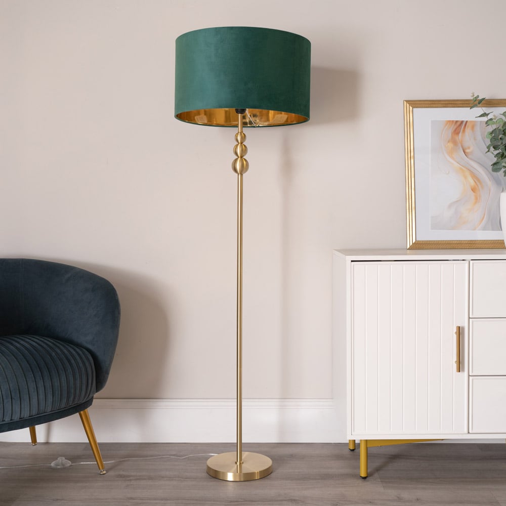ValueLight Marissa Forest Green Velvet Gold Inner Shade Gold Stacked Ball LED Floor Lamp Image 2