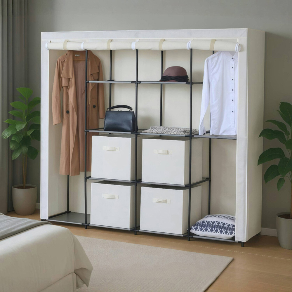 Steel Frame Fabric Wardrobe Cream Image 2