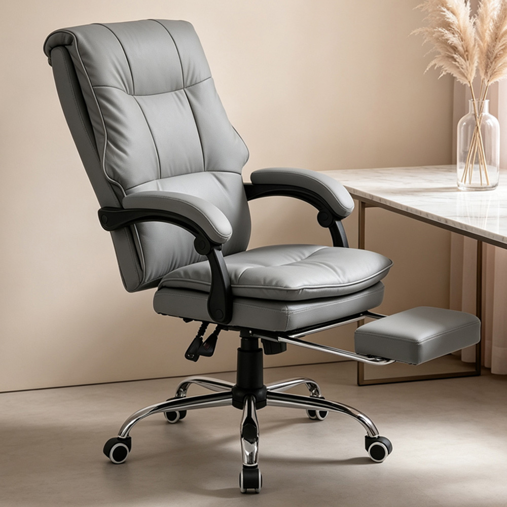 Living and Home Grey PVC Leather Reclining Backrest Office Chair with Footrest Image 1