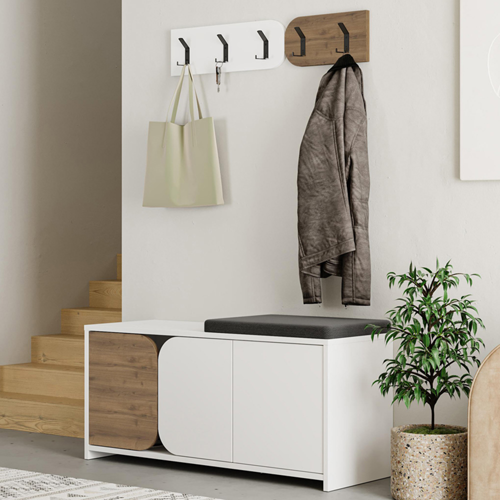 Decortie Moni 3 Door White and Dark Oak Shoe Cabinet with 5 Hook Hanger and Fabric Seat Image 1