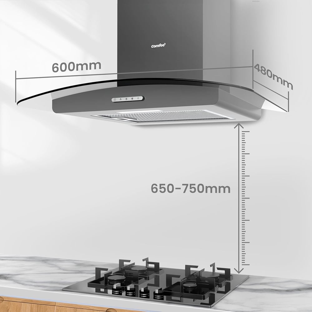 Comfee Stainless Steel Black 60cm 3 Speed Wall Mounted Glass Cooker Hood with LED Image 8