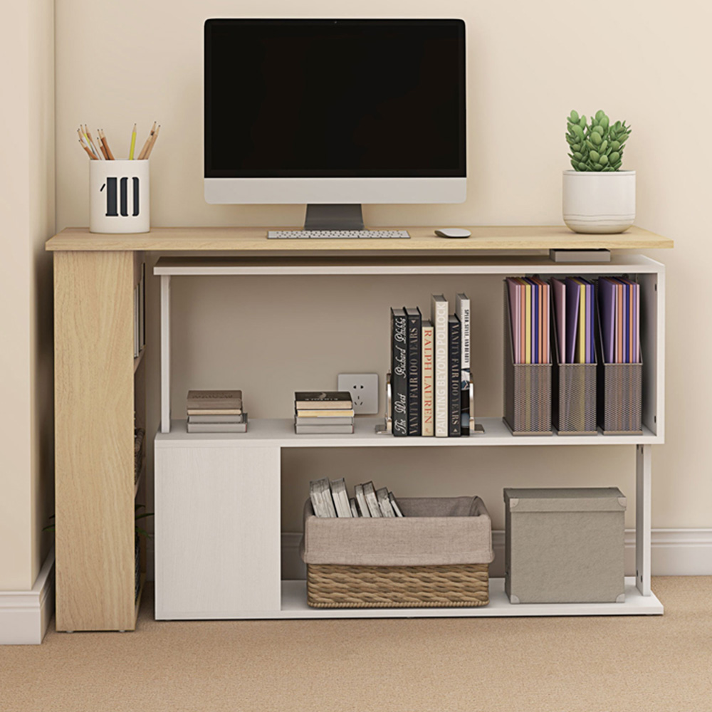 HOMCOM 5 Shelf Rotatable L-Shaped Corner Desk Natural and White Image 1