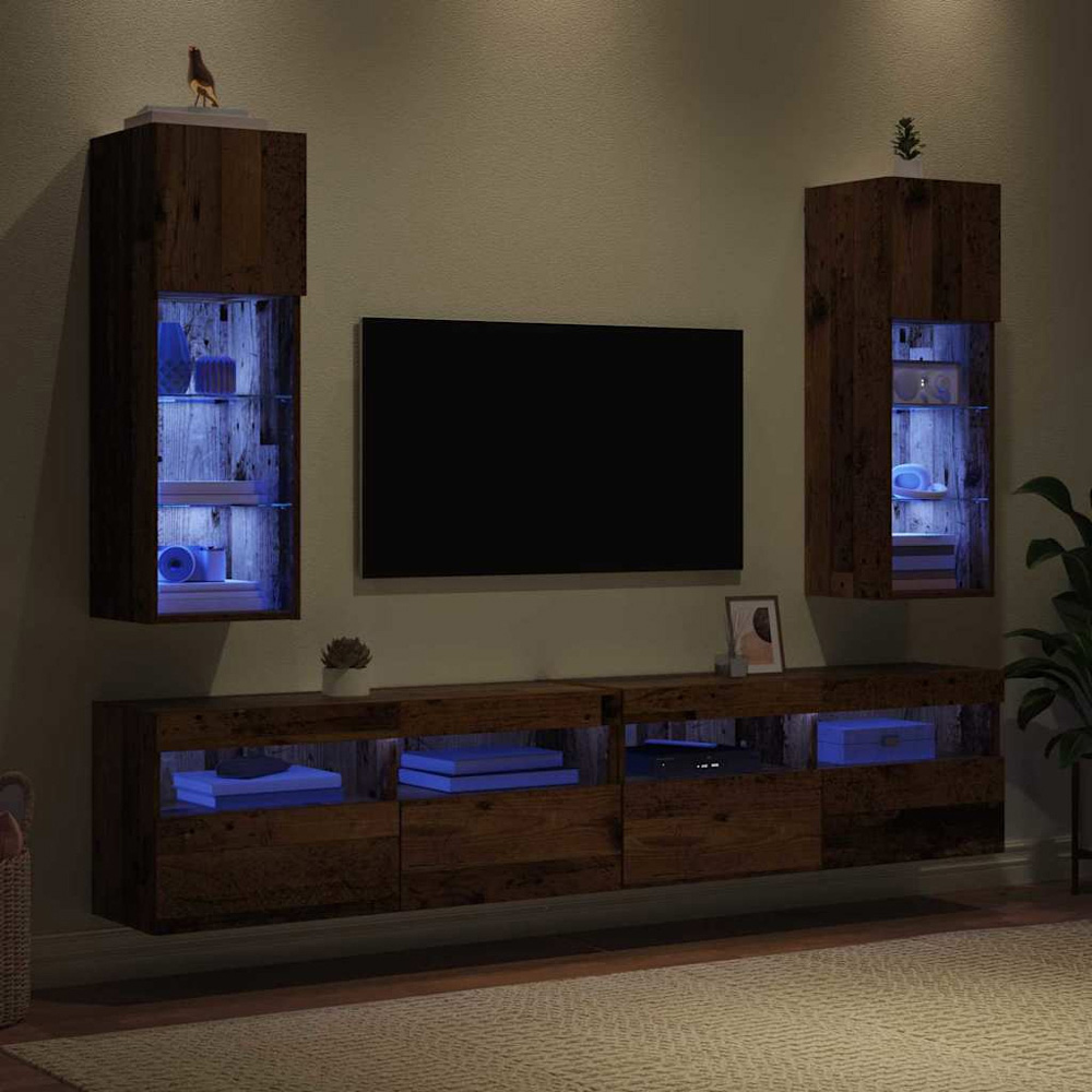 vidaXL Single Door 3 Shelf Old Wood Wall Mounted LED TV Unit Set of 2 Image 9