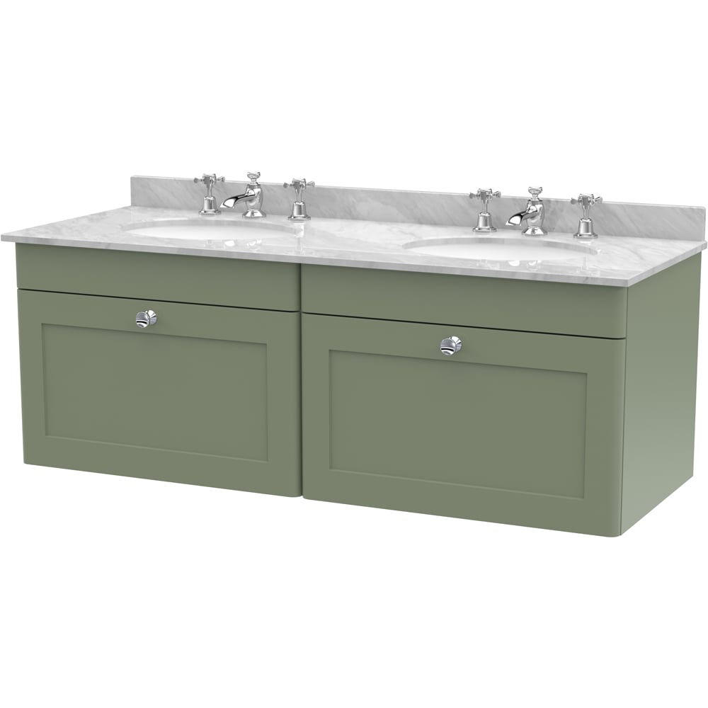 nuie Classique 2 Drawer Satin Green and Grey Wall Hung Unit and 3 Tap Hole Marble Basin 1200mm Image 1