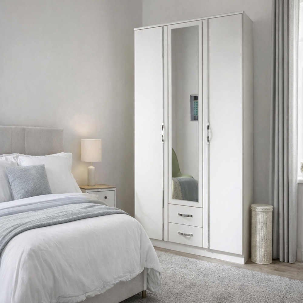 TJ'S Clack 3 Door 2 Drawer White Wardrobe with Mirror Image 4