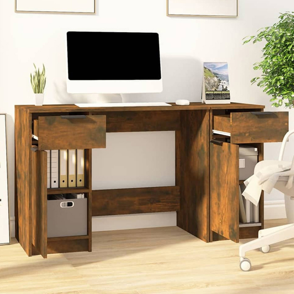 vidaXL 2 Door 2 Drawer Computer Desk Smoked Oak Image 1